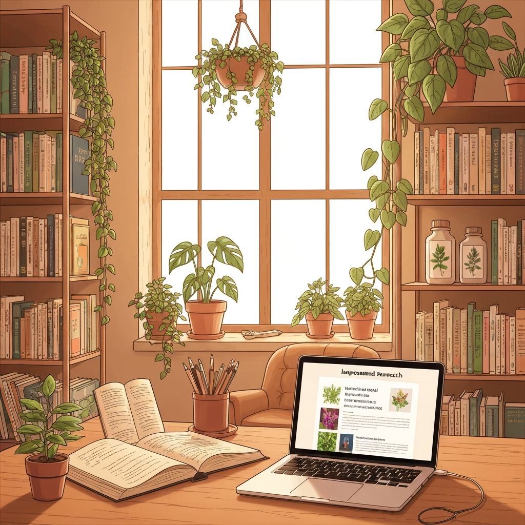 Educational workspace with natural plants and books